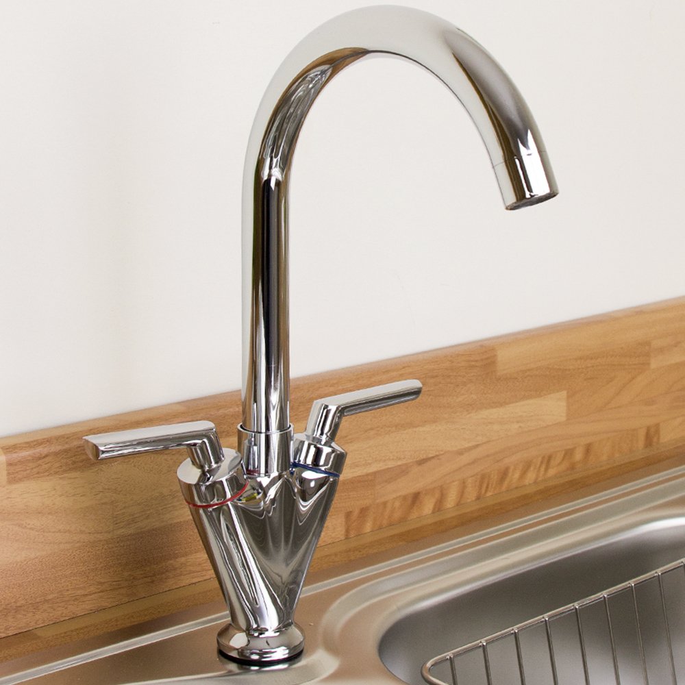 Astini Saturn Twin Handle Swivel Spout Kitchen Sink Mixer Tap with Brushed Steel and Chrome Finish