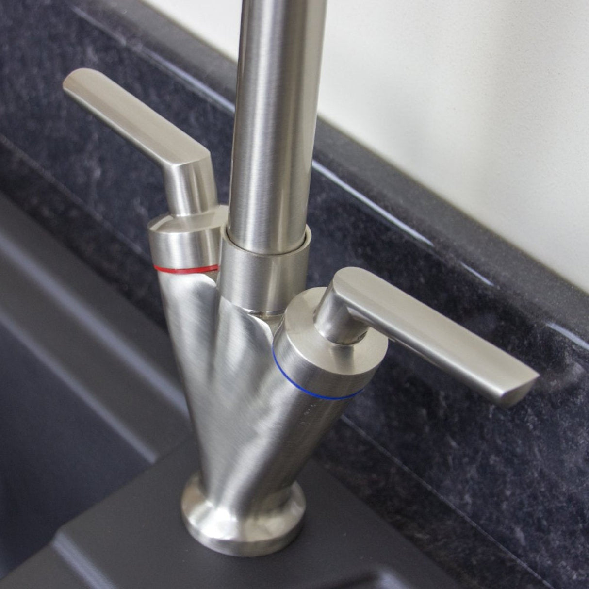 Astini Saturn Twin Handle Swivel Spout Kitchen Sink Mixer Tap with Brushed Steel and Chrome Finish