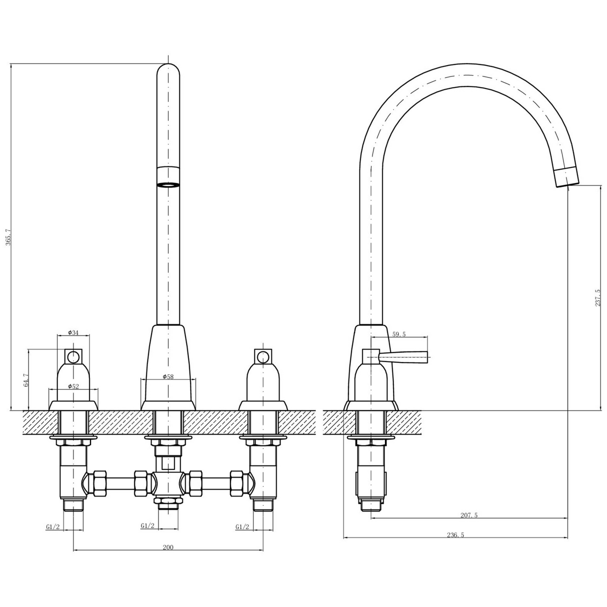 Ellsi Cuthbert 3-Hole Kitchen Mixer Tap With Lever Handles CHROME CUT-01-CH LD