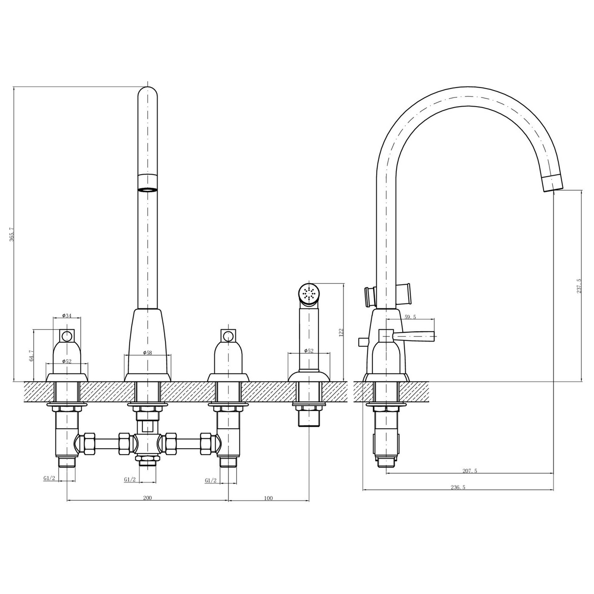 Ellsi Cuthbert 4-Hole Kitchen Mixer Tap With Lever Handles & Pull-Out Rinser PEWTER CUT-02-PEW LD