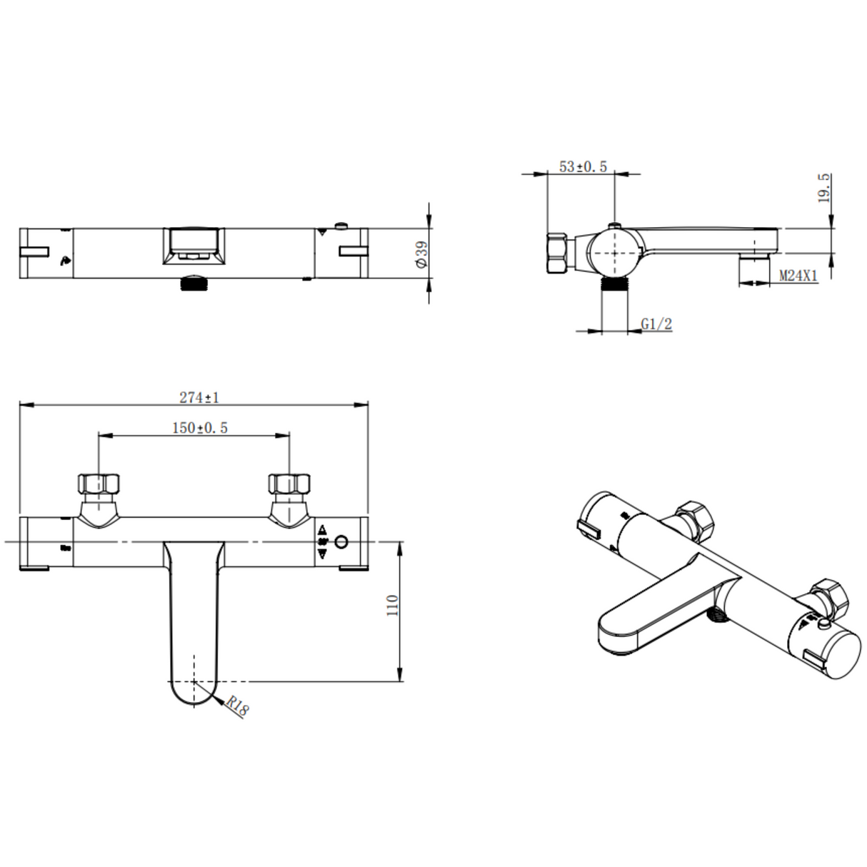 Ellsi Orhan Pillar Mounted Thermostatic Bath Shower Mixer Tap MATT BLACK ORH-07-MB LD