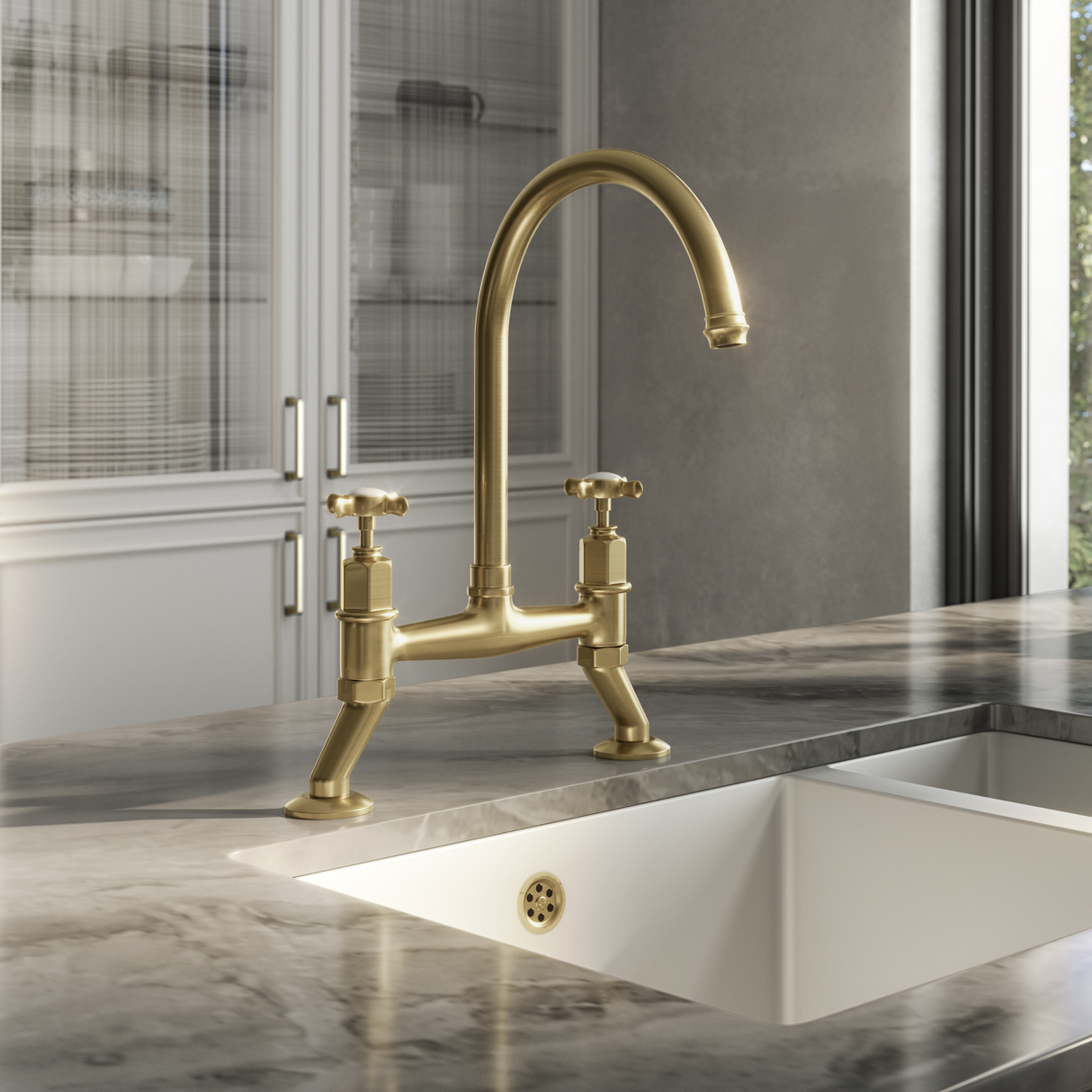 Ellsi Alton Traditional Bridge Kitchen Mixer Tap With Cross Handles BRUSHED BRASS ALT-02-BB LS