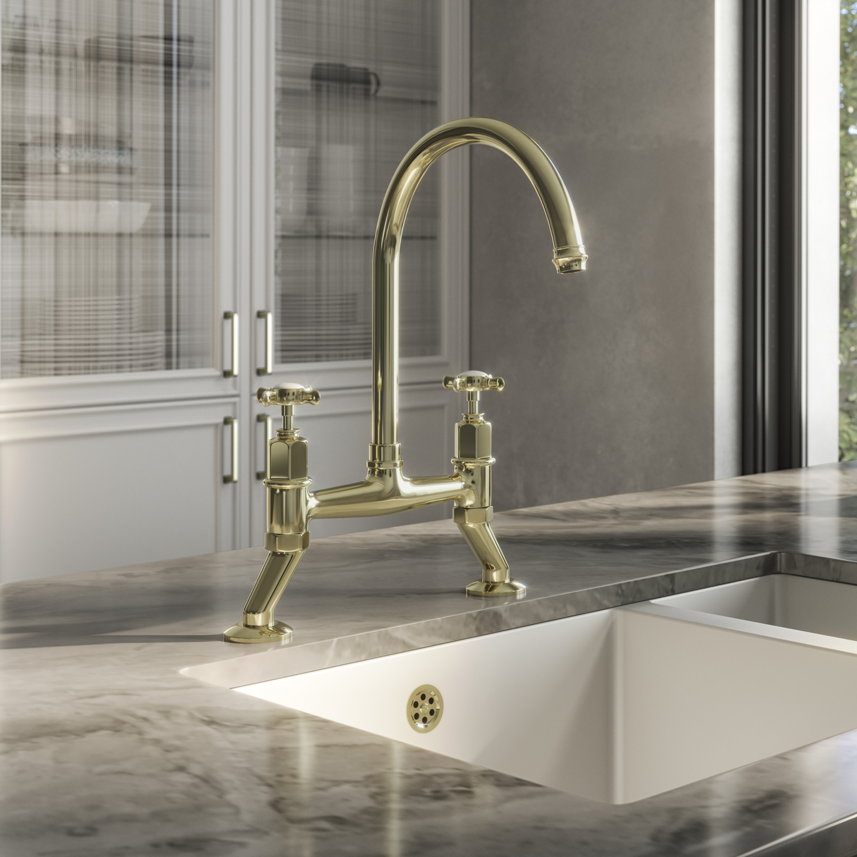 Ellsi Alton Traditional Bridge Kitchen Mixer Tap With Cross Handles POLISHED BRASS ALT-02-POB LS