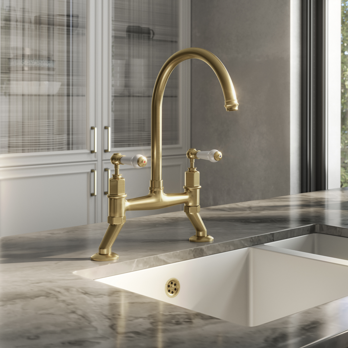 Ellsi Alton Traditional Bridge Twin Lever Kitchen Mixer Tap With Ceramic Levers BRUSHED BRASS ALT-01-BB LS