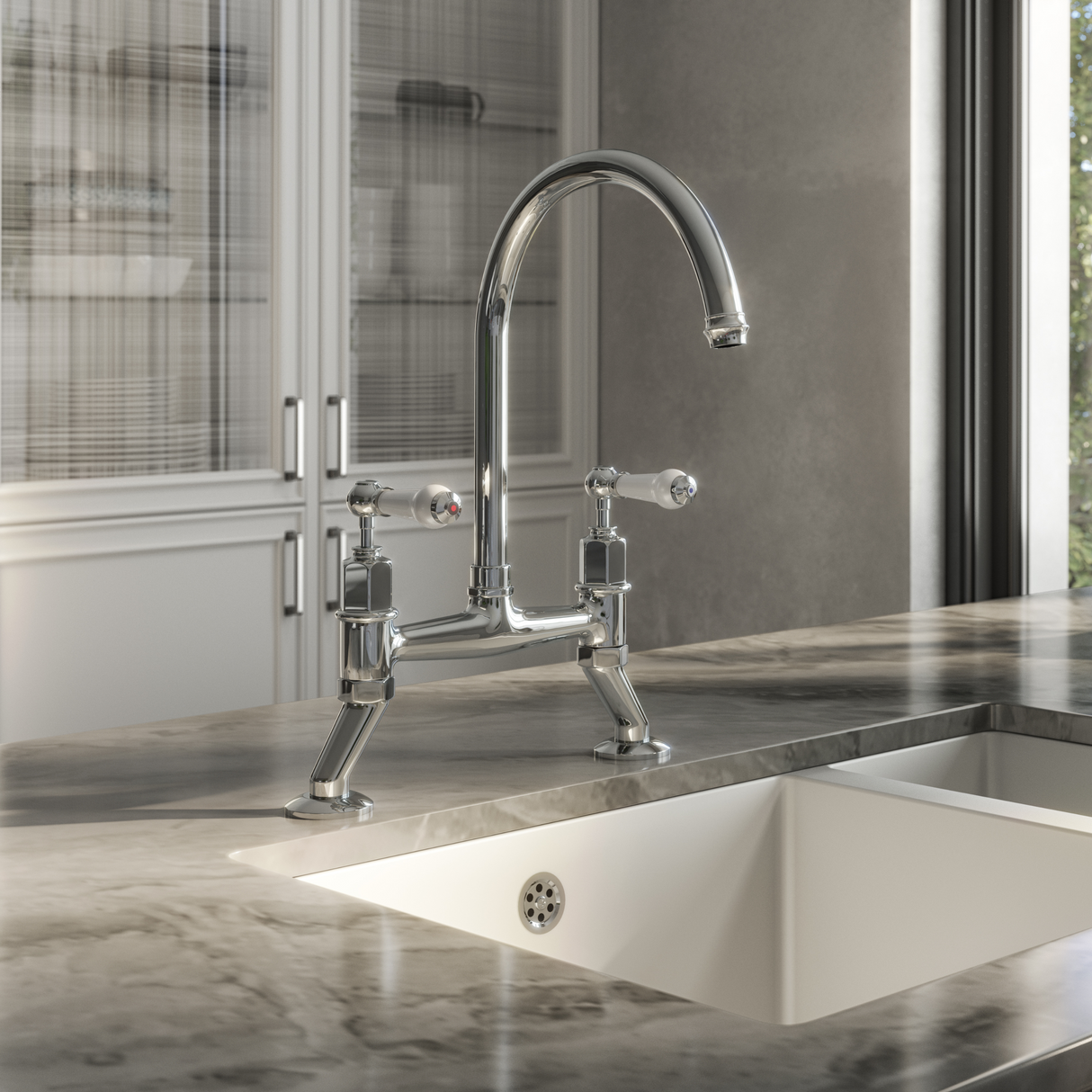 Ellsi Alton Traditional Bridge Twin Lever Kitchen Mixer Tap With Ceramic Levers CHROME ALT-01-CH LS