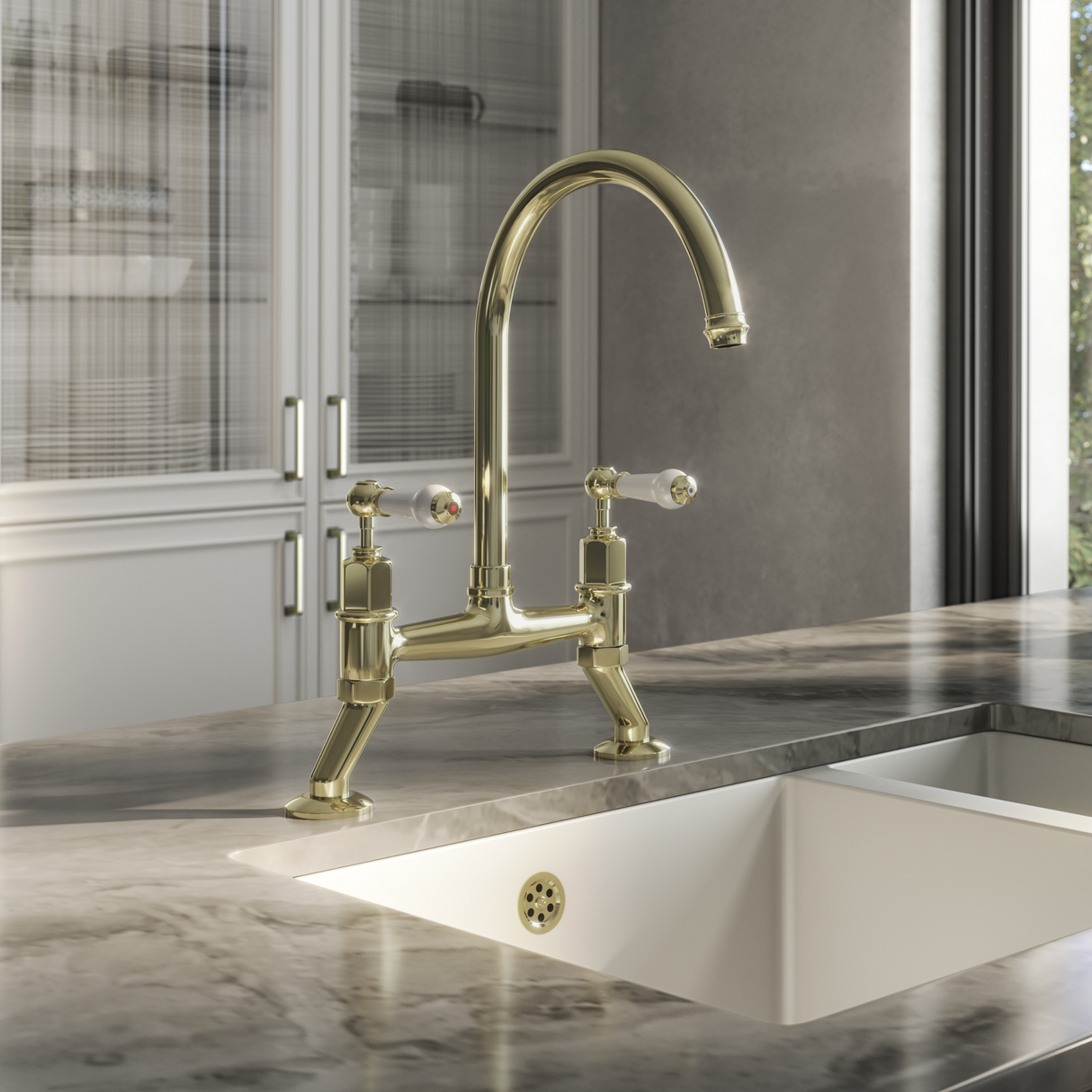 Ellsi Alton Traditional Bridge Twin Lever Kitchen Mixer Tap With Ceramic Levers POLISHED BRASS ALT-01-POB LS