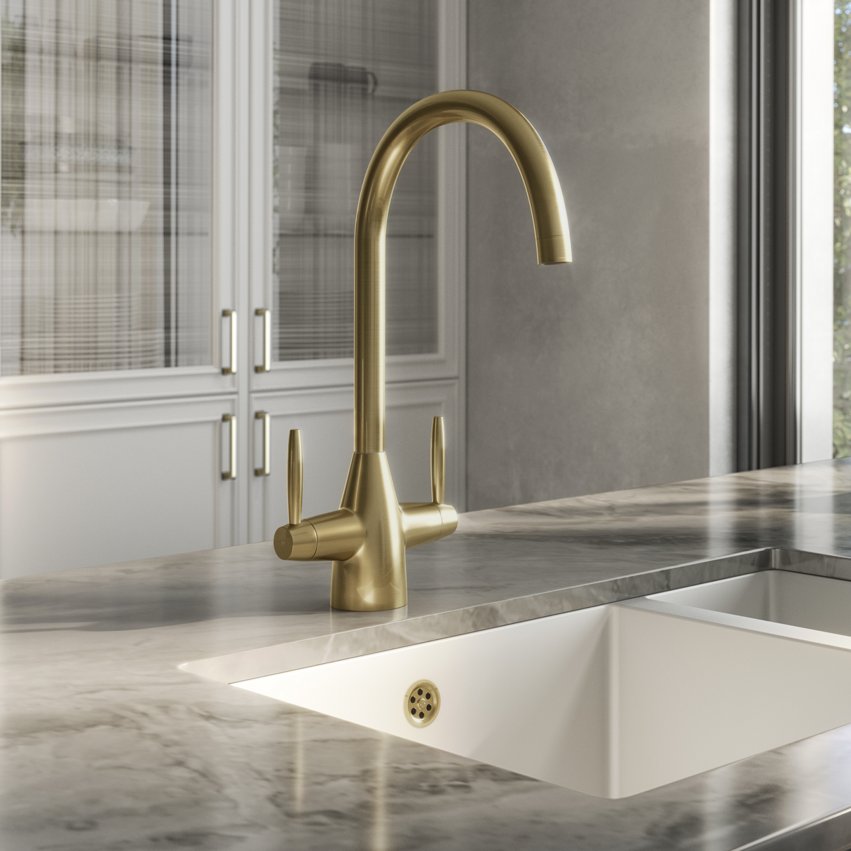 Ellsi Astrid Twin Lever Kitchen Mixer Tap BRUSHED BRASS AST-01-BB LS