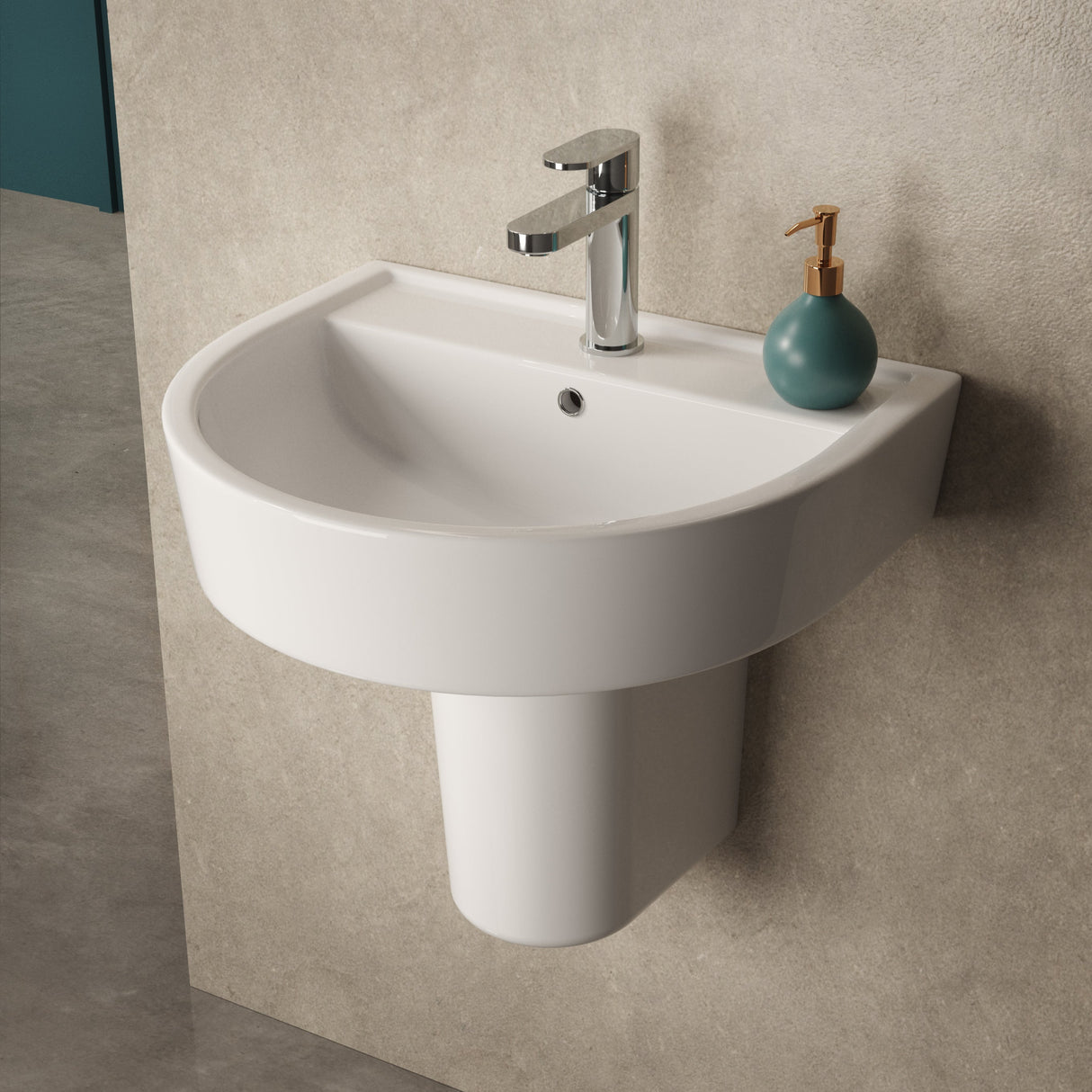 Hudson Reed Luna Wall Hung Basin & Semi Pedestal 520mm wide, 1 Tap Hole