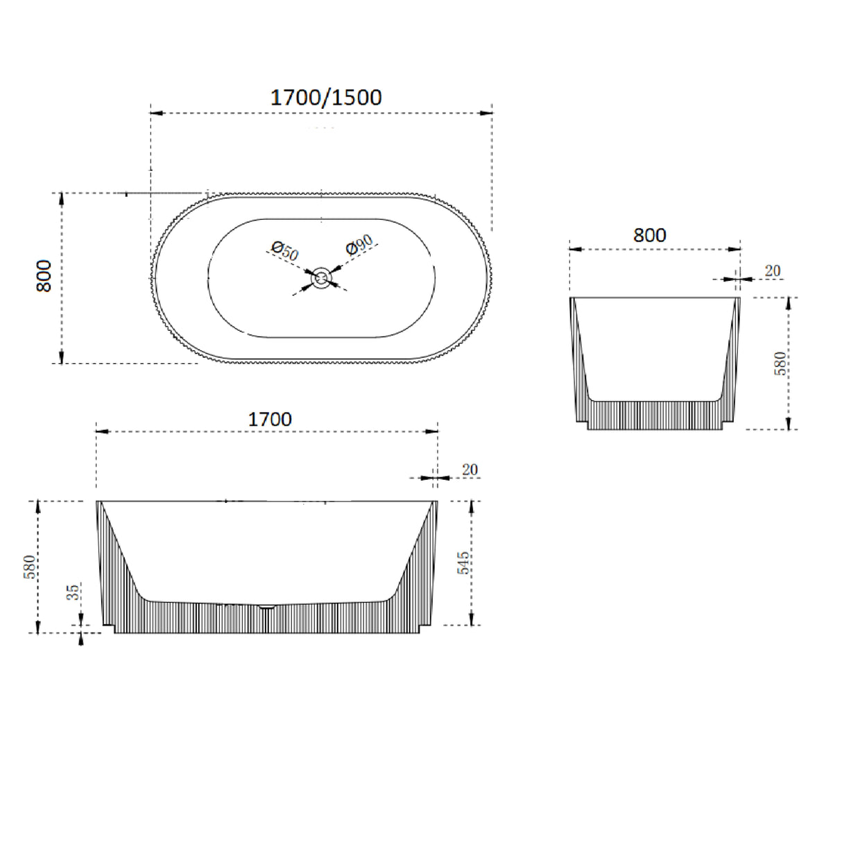 Bathmegastore Ginger Acrylic Rippled Freestanding Bath L1500 x W800mm Painted Metallic BMGINGER-BATH-METALLIC-1500-WASTE-WHITE LD