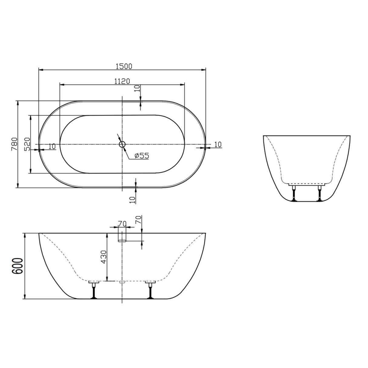 Bathmegastore Hattie Acrylic Freestanding Bath L1500 x W780mm Polished White BMHATTIE-BATH-WHITE-1500-WASTE-WHITE LD1