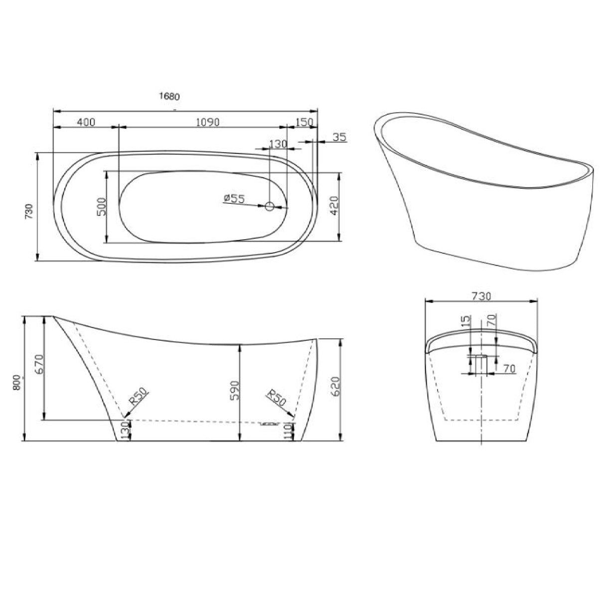 Bathmegastore Marilyn Acrylic Freestanding Slipper Bath L1680 x W730mm Polished White BMMARILYN-BATH-WHITE-1680-WASTE-WHITE LD1