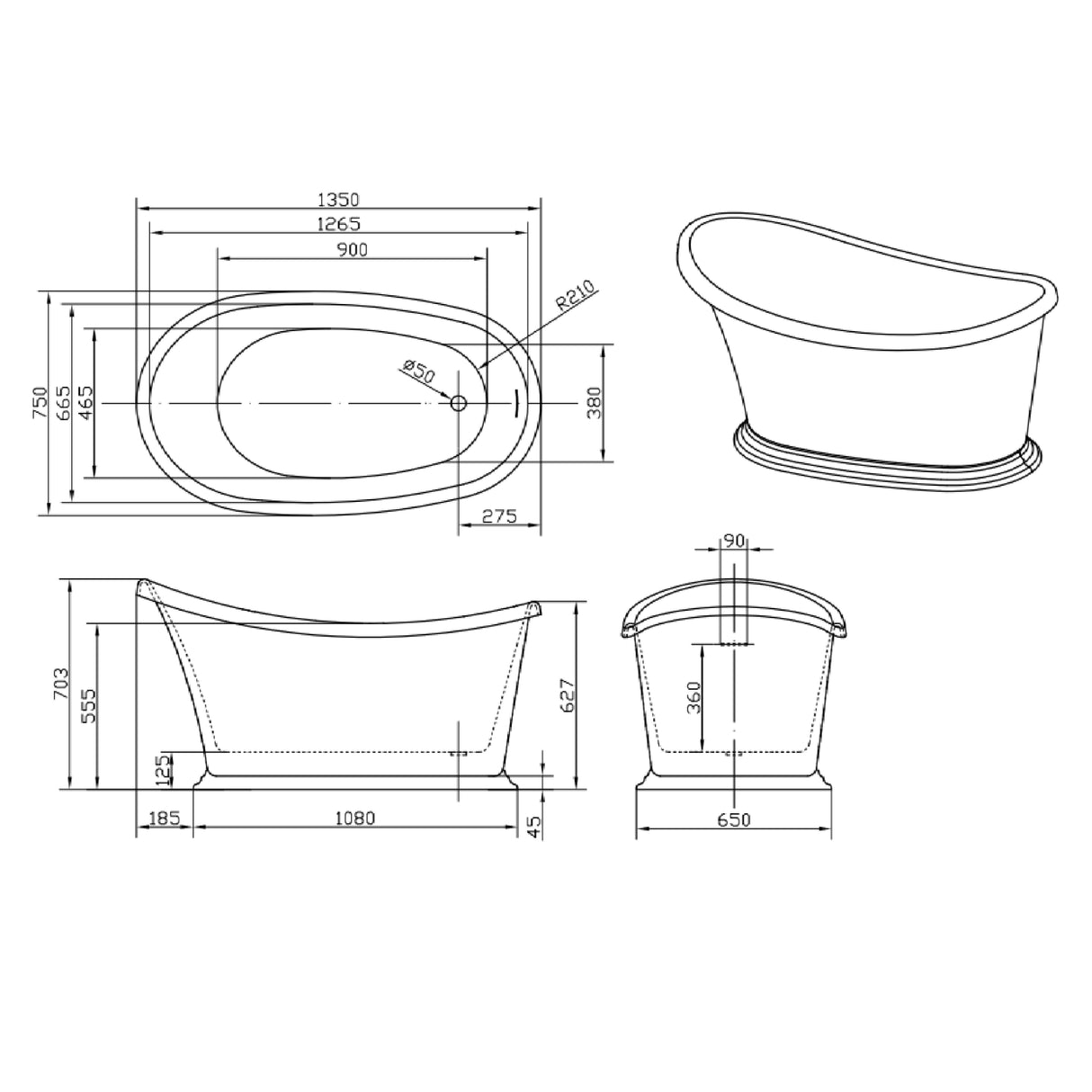 Bathmegastore Jean Acrylic Freestanding Bath L1350 x W750mm Polished White BMJEAN-WH-WASTE LD