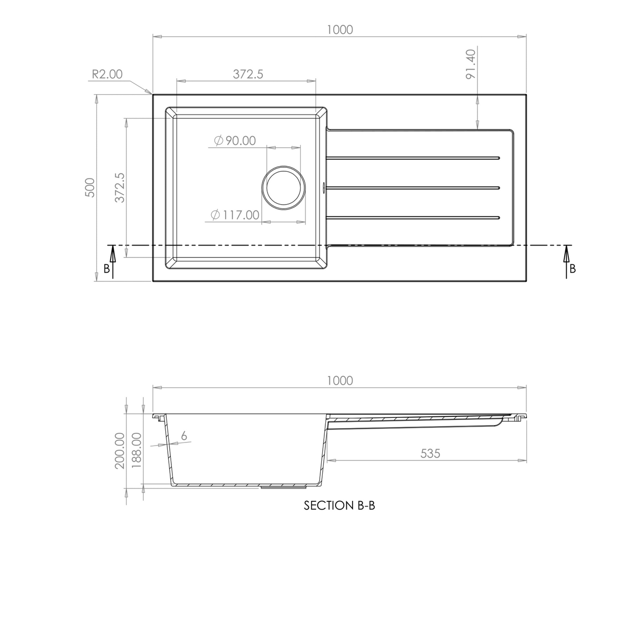 Ellsi Comite 1.0 Bowl Composite Inset Kitchen Sink & Drainer Reversible 1000mm x 500mm LD