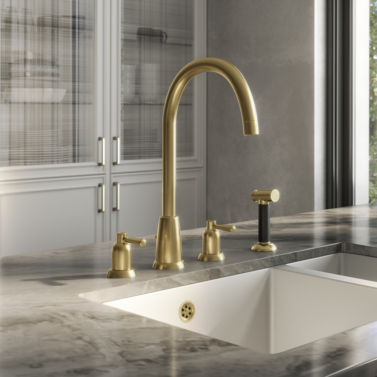 Ellsi Cuthbert 4-Hole Kitchen Mixer Tap With Lever Handles & Pull-Out Rinser BRUSHED BRASS CUT-02-BB LS
