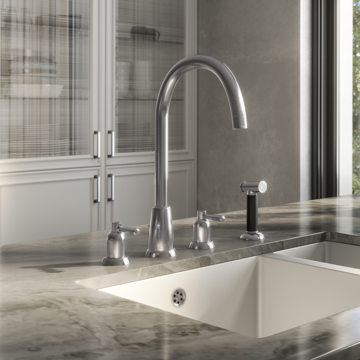 Ellsi Cuthbert 4-Hole Kitchen Mixer Tap With Lever Handles & Pull-Out Rinser PEWTER CUT-02-PEW LS