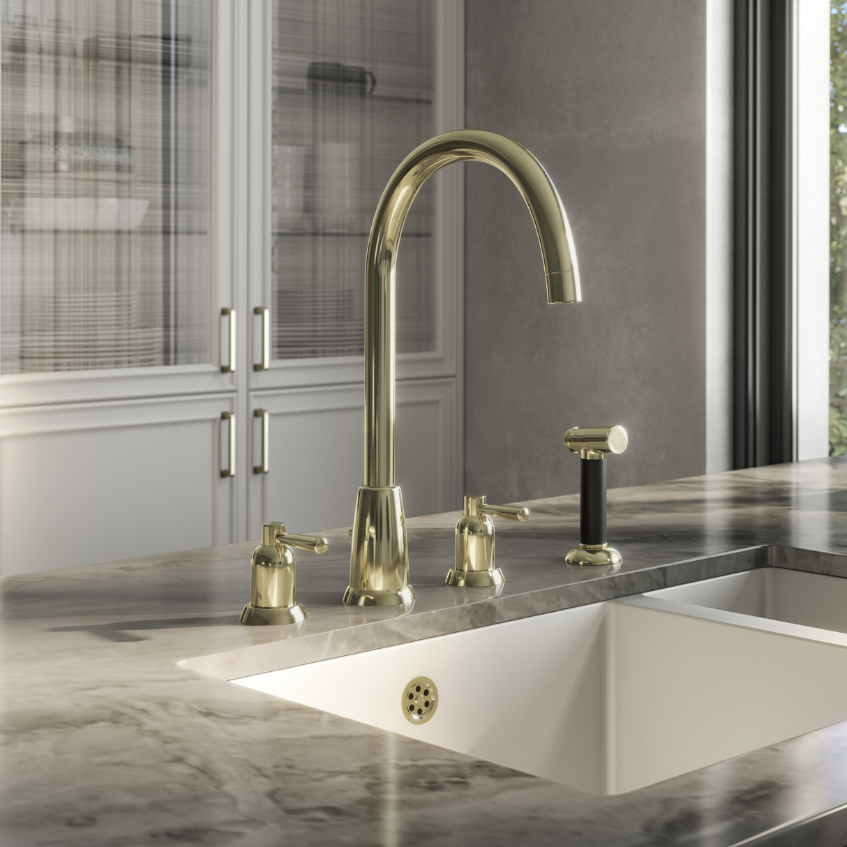 Ellsi Cuthbert 4-Hole Kitchen Mixer Tap With Lever Handles & Pull-Out Rinser POLISHED BRASS CUT-02-POB LS