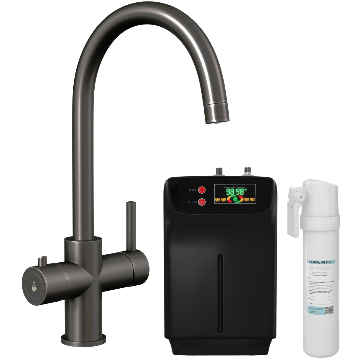 Ellsi Cygne 3in1 Instant Boiling Water Tap With Boiler & Filter GUN METAL HWT-KIT-12-GM