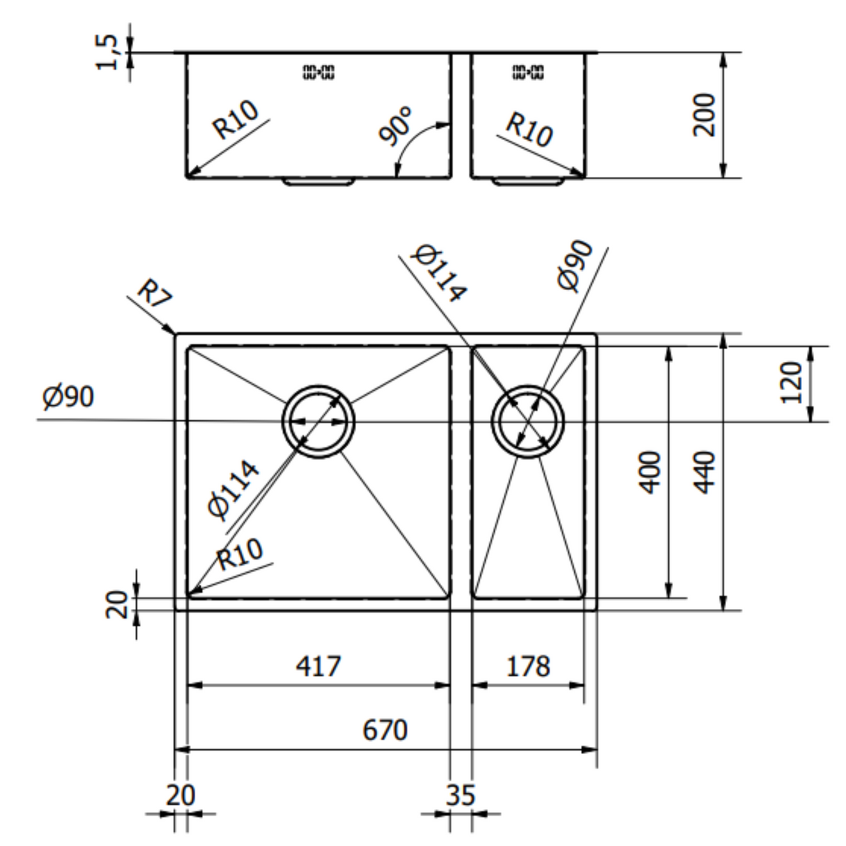 Ellsi Elite 1.5 Bowl Stainless Steel Undermount Kitchen Sink 670mm x 440mm LD