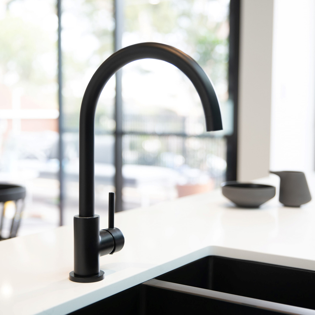 Meir Round Swan Neck Kitchen Mixer Tap Matt Black MK03 LS3