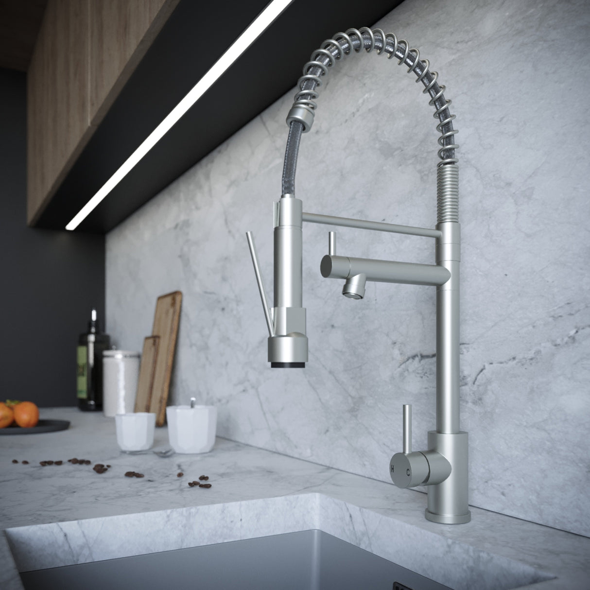 Ellsi Grande Spring Style Pull-Out Single Lever Kitchen Mixer Tap BRUSHED STEEL GRA-01-BS LS