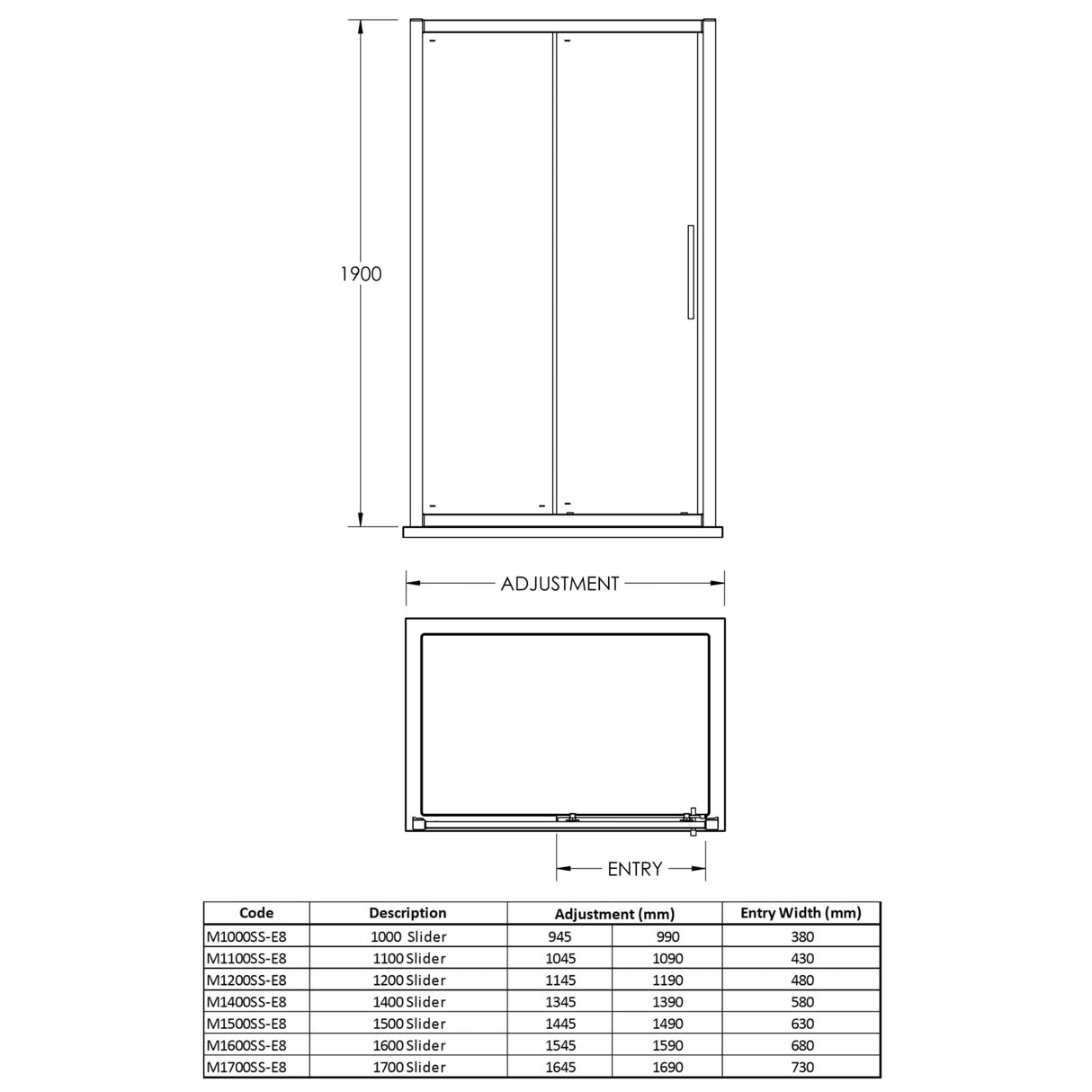 Hudson Reed Apex Sliding Shower Door Chrome, 8mm Glass M1400SS-E8 LD