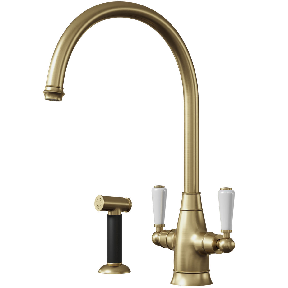 Ellsi Oswald Traditional Twin Lever Kitchen Mixer Tap With Pull-Out Rinser BRUSHED BRASS OSW-02-BB