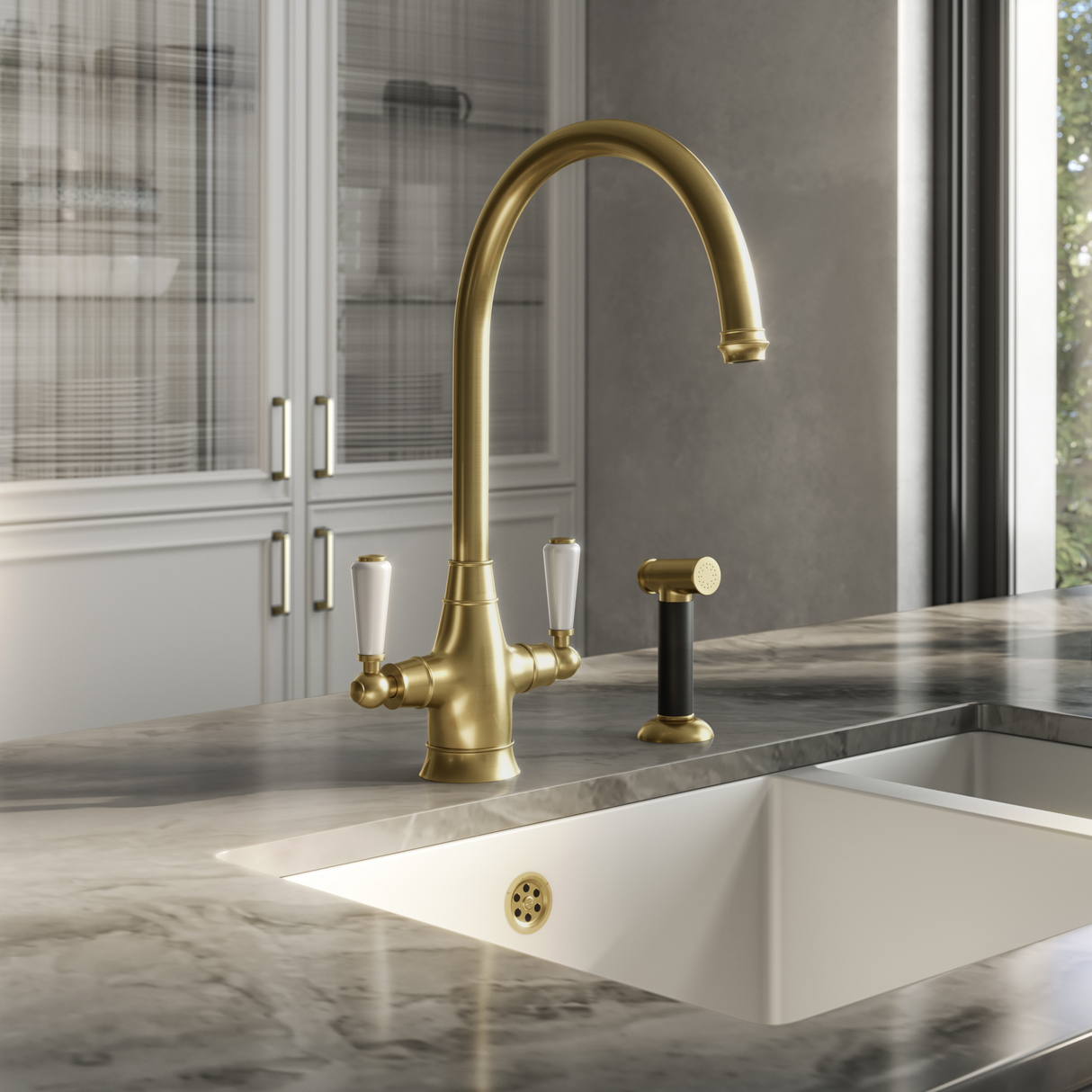 Ellsi Oswald Traditional Twin Lever Kitchen Mixer Tap With Pull-Out Rinser BRUSHED BRASS OSW-02-BB LS