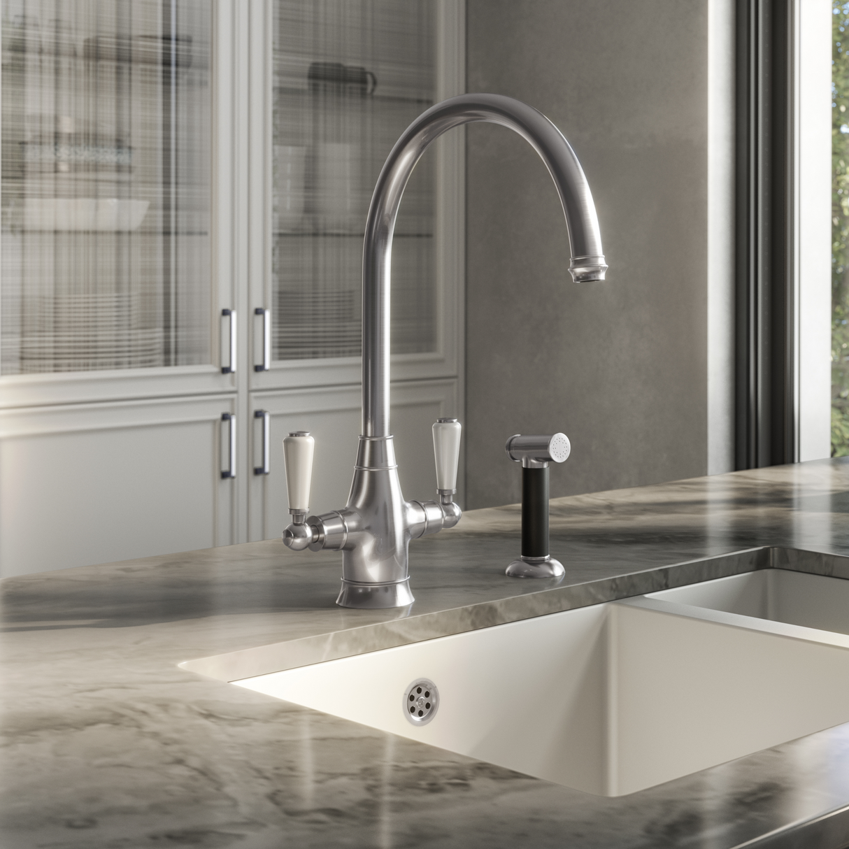 Ellsi Oswald Traditional Twin Lever Kitchen Mixer Tap With Pull-Out Rinser PEWTER OSW-02-PEW