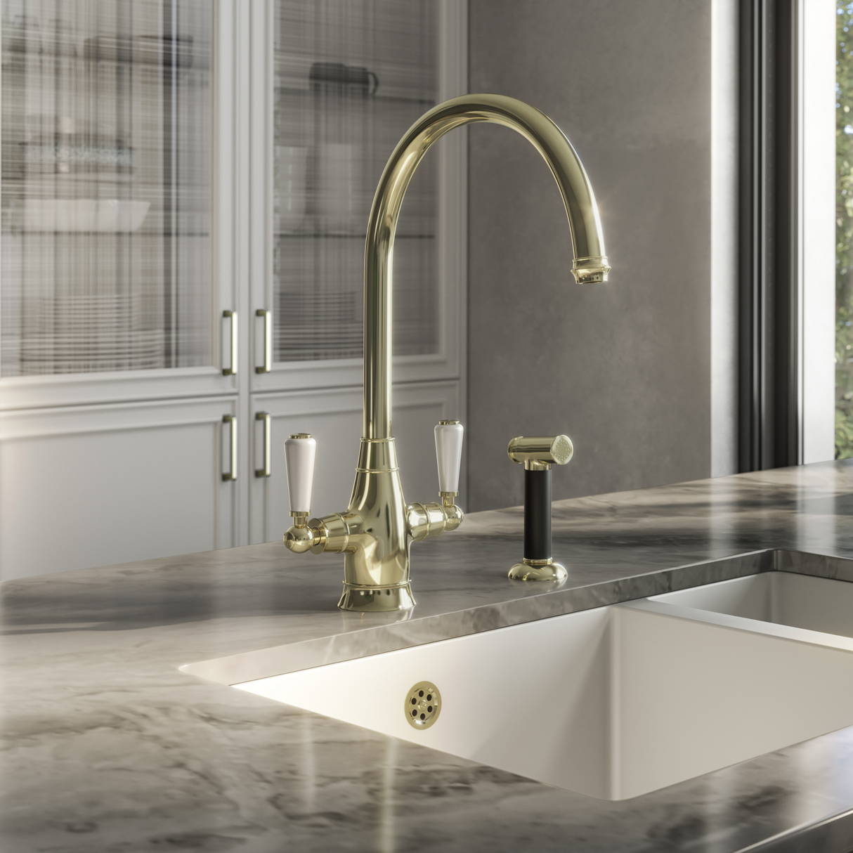 Ellsi Oswald Traditional Twin Lever Kitchen Mixer Tap With Pull-Out Rinser POLISHED BRASS OSW-02-POB LS
