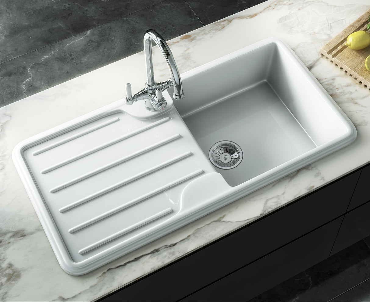 Ellsi Comite 1.0 Bowl Traditional Composite Inset Kitchen Sink & Drainer Gloss White Reversible 1000mm x 500mm GLOSS WHITE PDT-000464 LS2