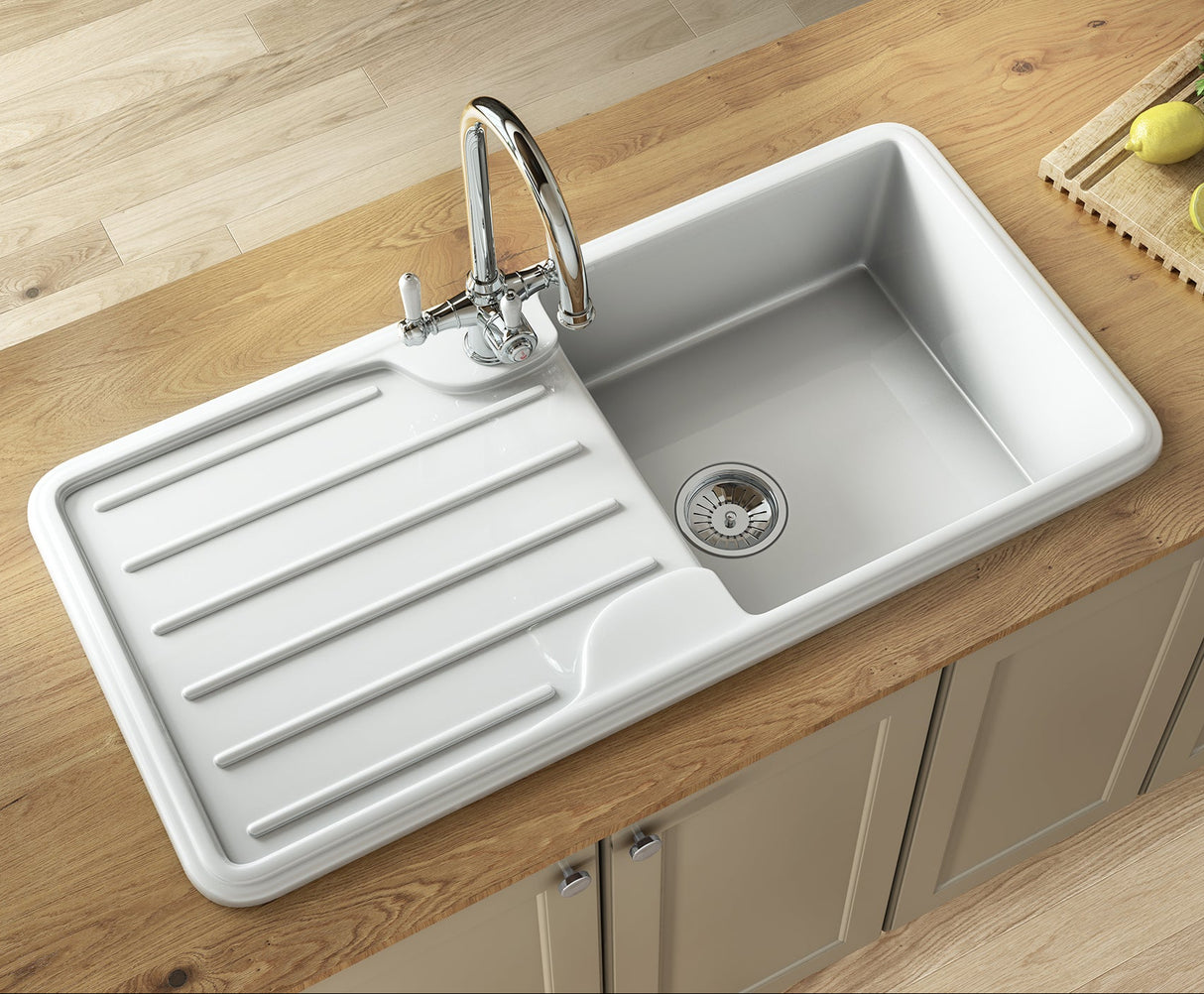 Ellsi Comite 1.0 Bowl Traditional Composite Inset Kitchen Sink & Drainer Gloss White Reversible 1000mm x 500mm GLOSS WHITE PDT-000464 LS1