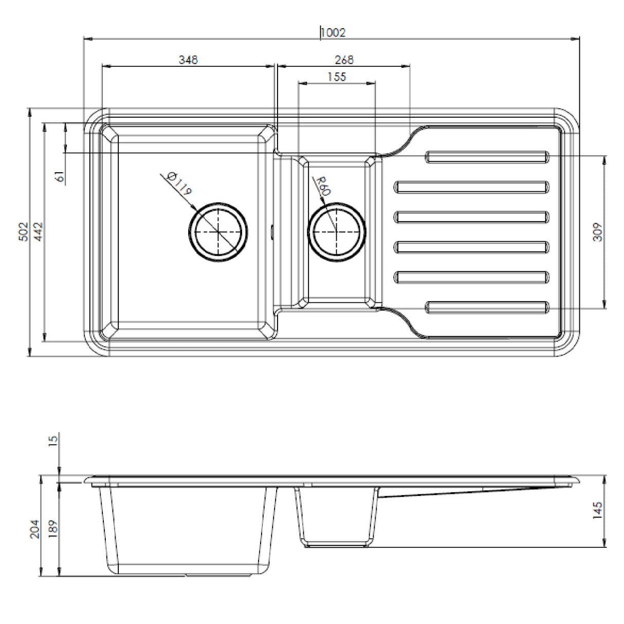 Ellsi Comite 1.5 Bowl Traditional Composite Inset Kitchen Sink & Drainer Gloss White Reversible 1000mm x 500mm GLOSS WHITE PDT-000465 LD