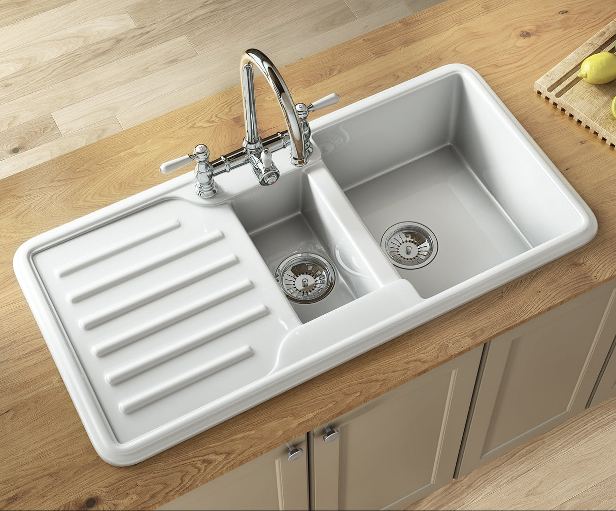 Ellsi Comite 1.5 Bowl Traditional Composite Inset Kitchen Sink & Drainer Gloss White Reversible 1000mm x 500mm GLOSS WHITE PDT-000465 LS1