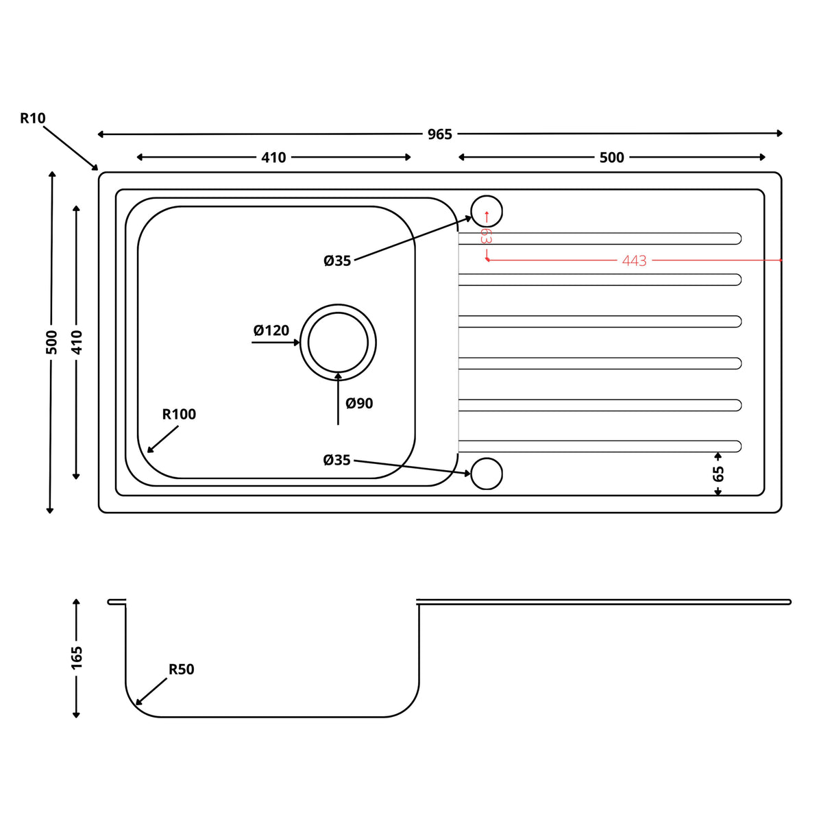 Ellsi Nur 1.0 Bowl Satin Stainless Steel Inset Kitchen Sink & Drainer Reversible 965mm x 500mm SATIN S/S PDT-000519-65 LD
