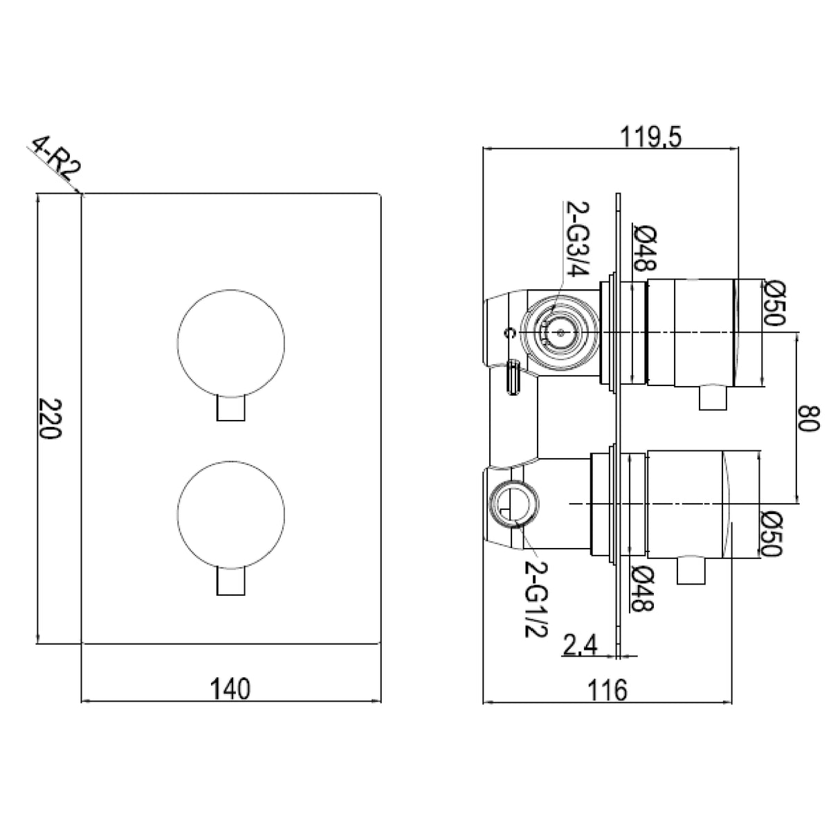 Ellsi Zona 1-Outlet Thermostatic Concealed Shower Valve Chrome PDT-000597 LD