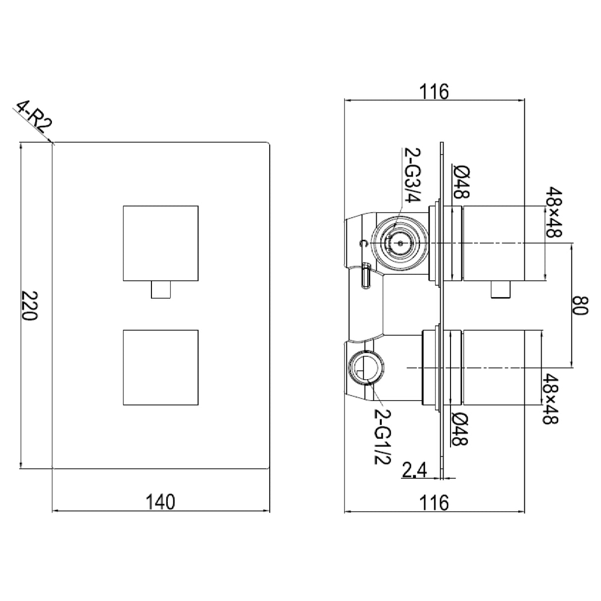 Ellsi Veda 1-Outlet Square Thermostatic Concealed Shower Valve Chrome PDT-000596 LD