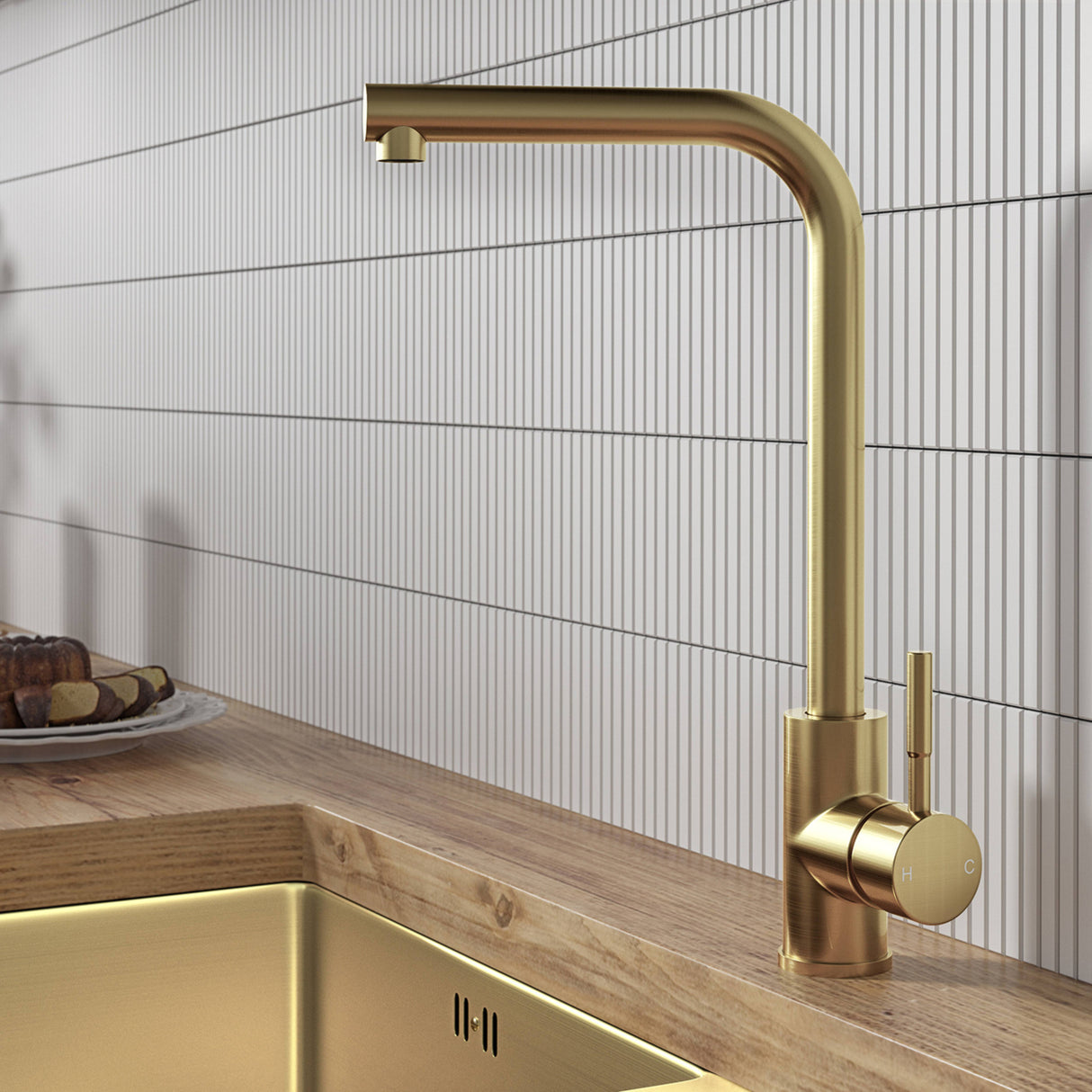 Ellsi Vito L- Neck Single Lever Kitchen Mixer Tap BRUSHED BRASS VIT-03-BB LS