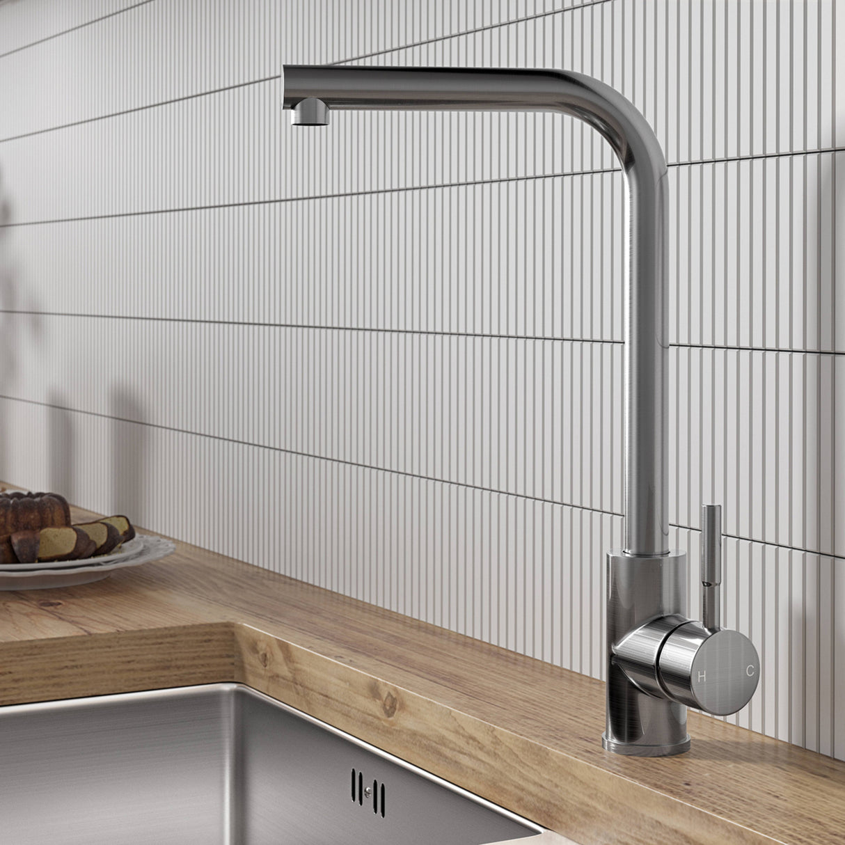 Ellsi Vito L- Neck Single Lever Kitchen Mixer Tap BRUSHED STEEL VIT-03-BS LS