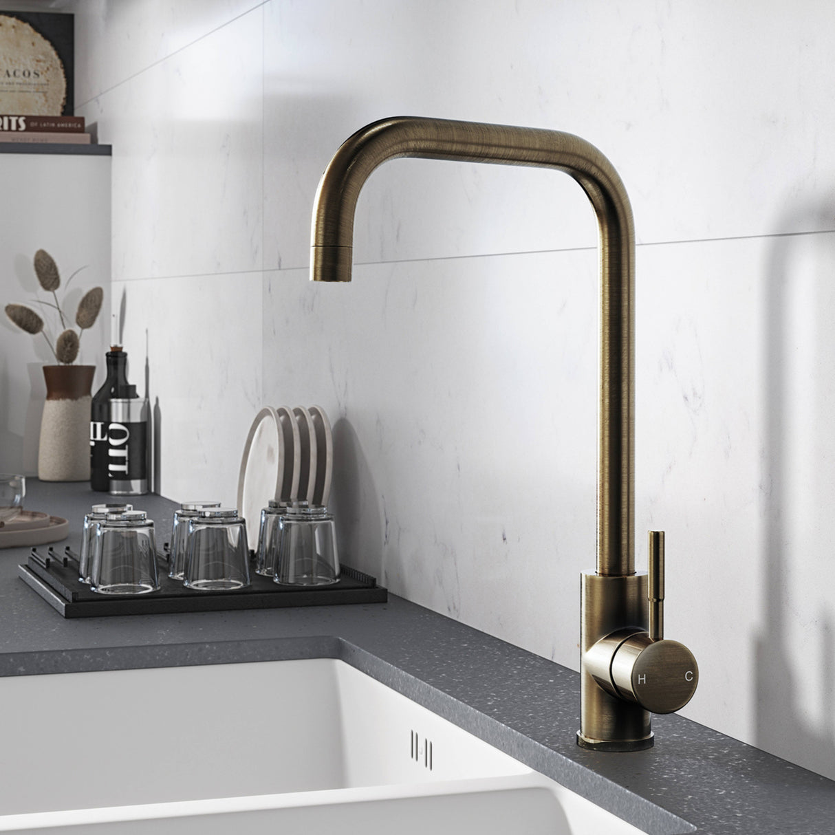 Ellsi Vito Square Neck Single Lever Kitchen Mixer Tap ANTIQUE BRASS VIT-02-AB LS