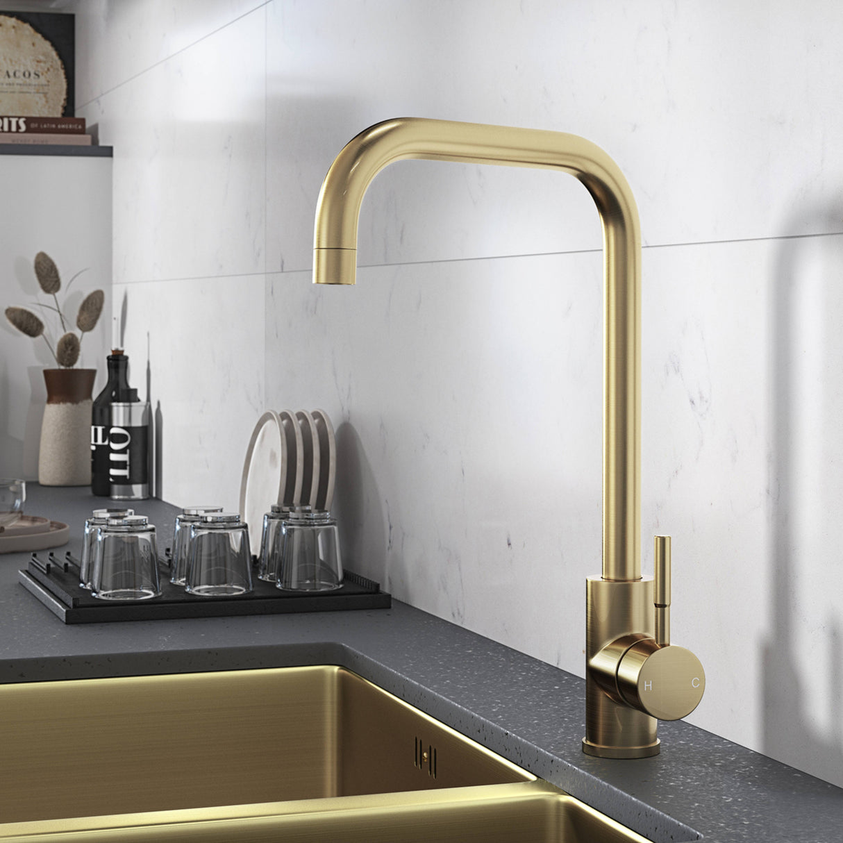 Ellsi Vito Square Neck Single Lever Kitchen Mixer Tap BRUSHED BRASS VIT-02-BB LS