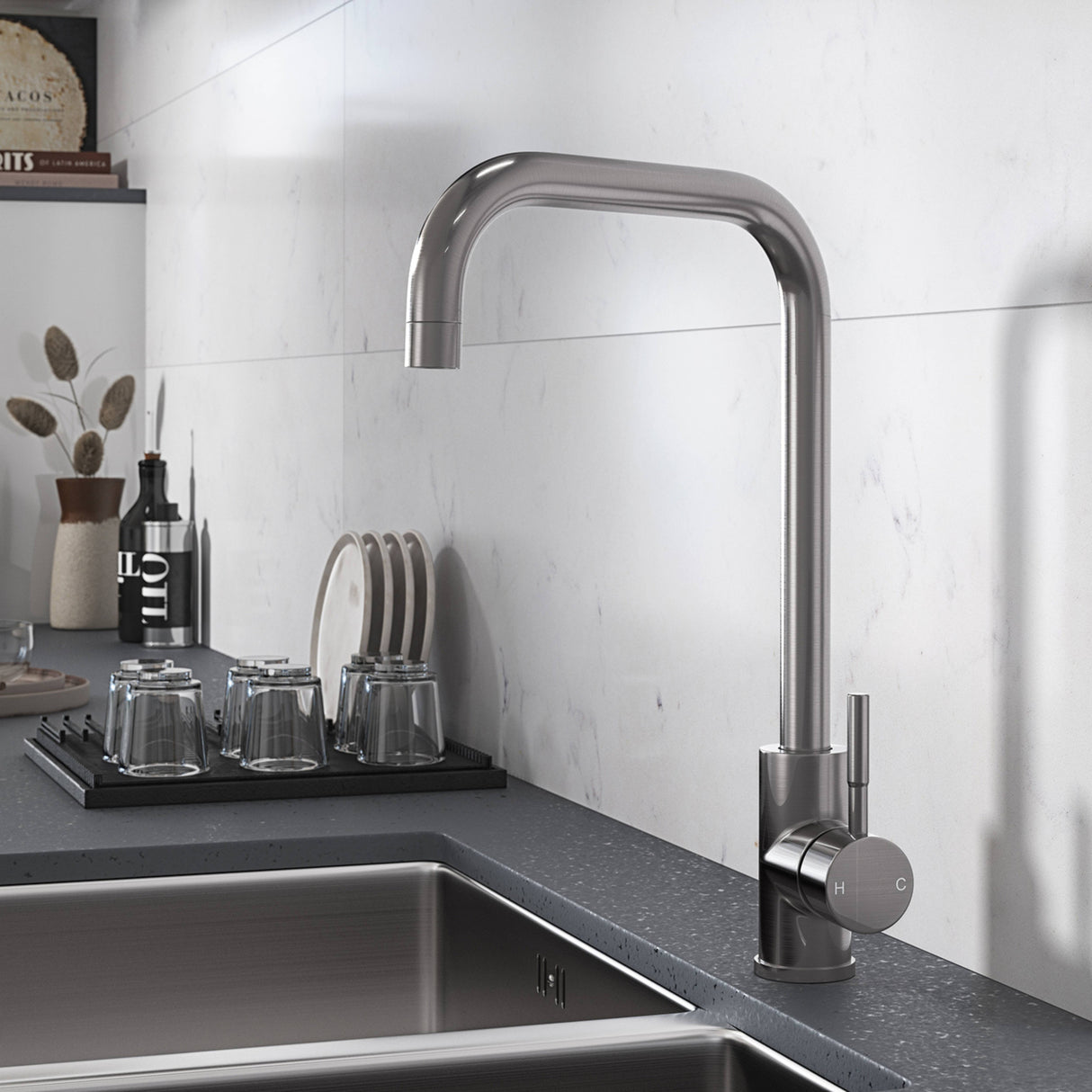 Ellsi Vito Square Neck Single Lever Kitchen Mixer Tap BRUSHED STEEL VIT-02-BS LS