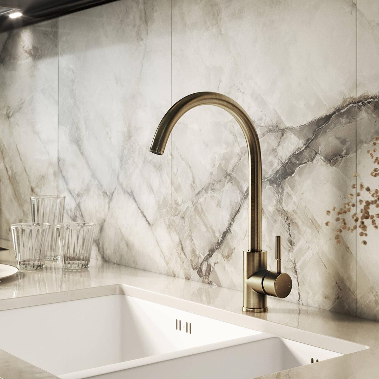 Ellsi Vito Swan Neck Single Lever Kitchen Mixer Tap ANTIQUE BRASS VIT-01-AB LS