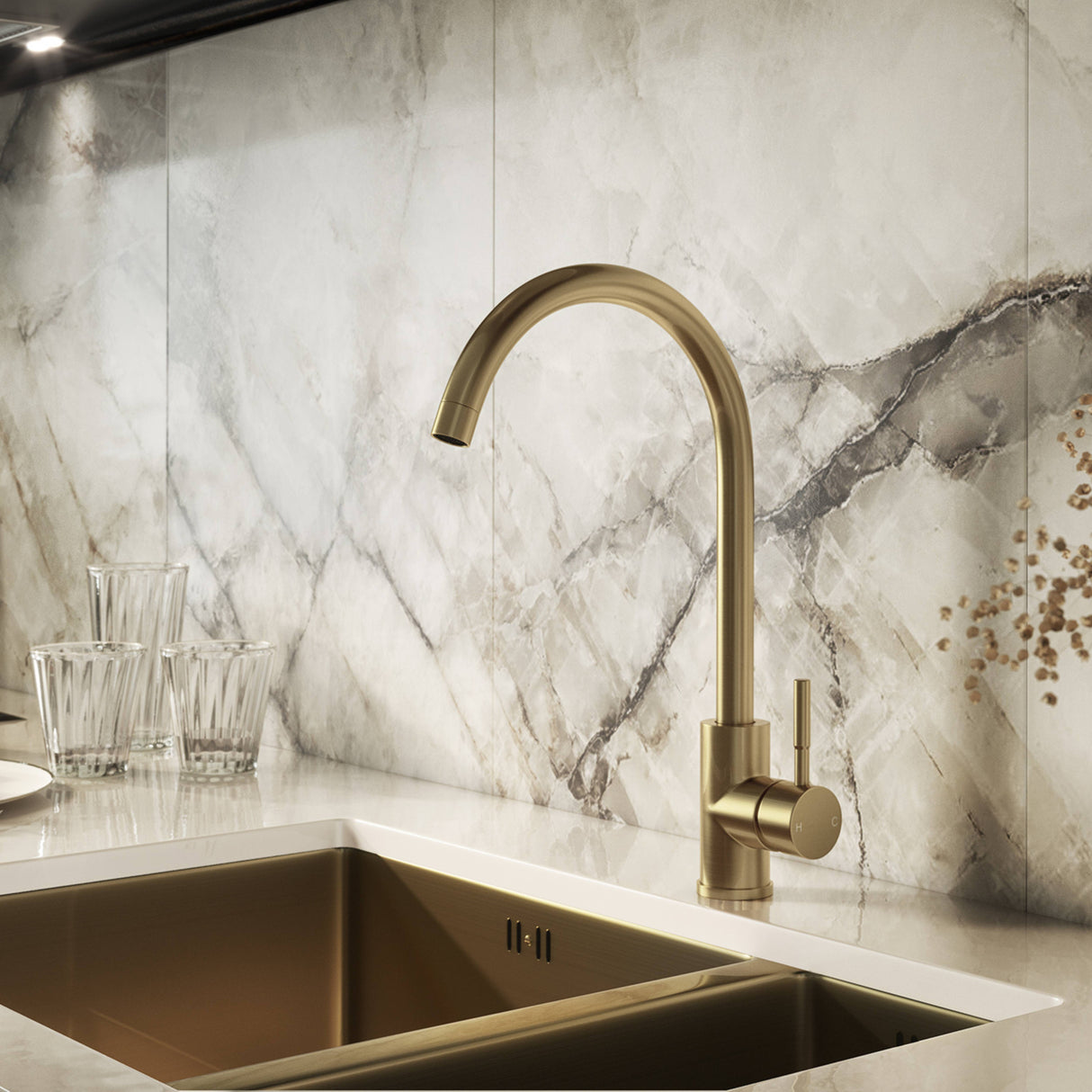 Ellsi Vito Swan Neck Single Lever Kitchen Mixer Tap BRUSHED BRASS VIT-01-BB LS