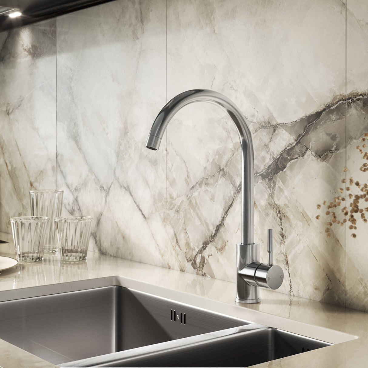 Ellsi Vito Swan Neck Single Lever Kitchen Mixer Tap BRUSHED STEEL VIT-01-BS LS