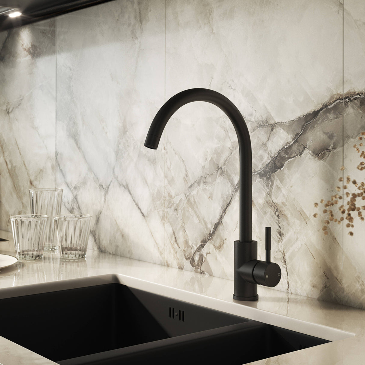 Ellsi Vito Swan Neck Single Lever Kitchen Mixer Tap MATT BLACK VIT-01-MB LS