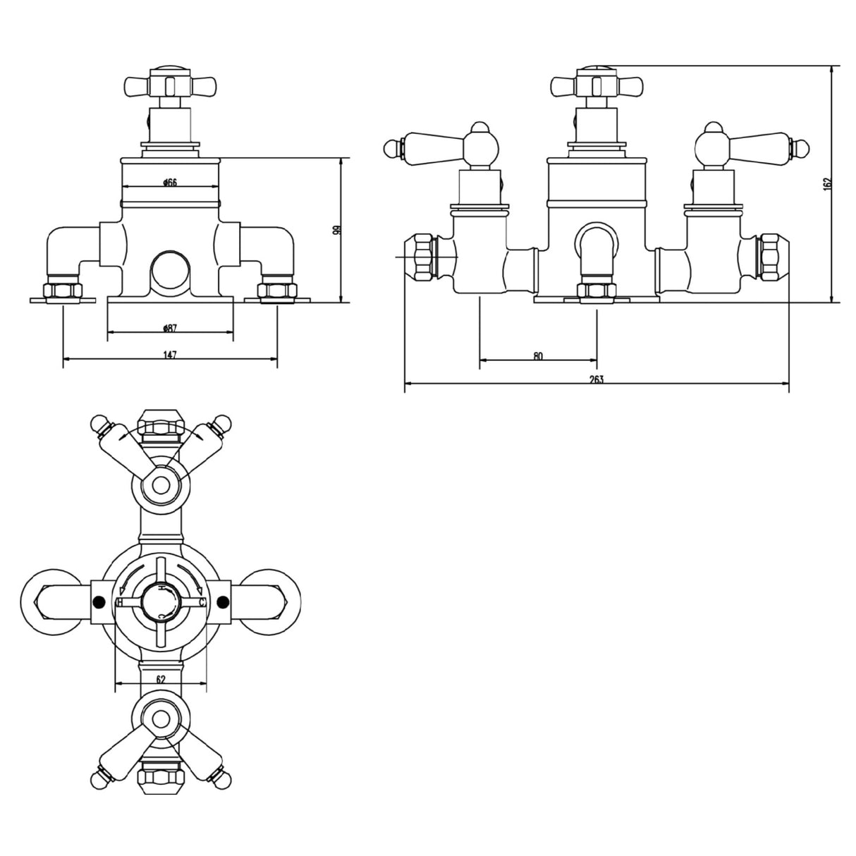 Nuie Edwardian Traditional 2 Outlet Thermostatic Exposed Shower Valve Chrome A3057E LD
