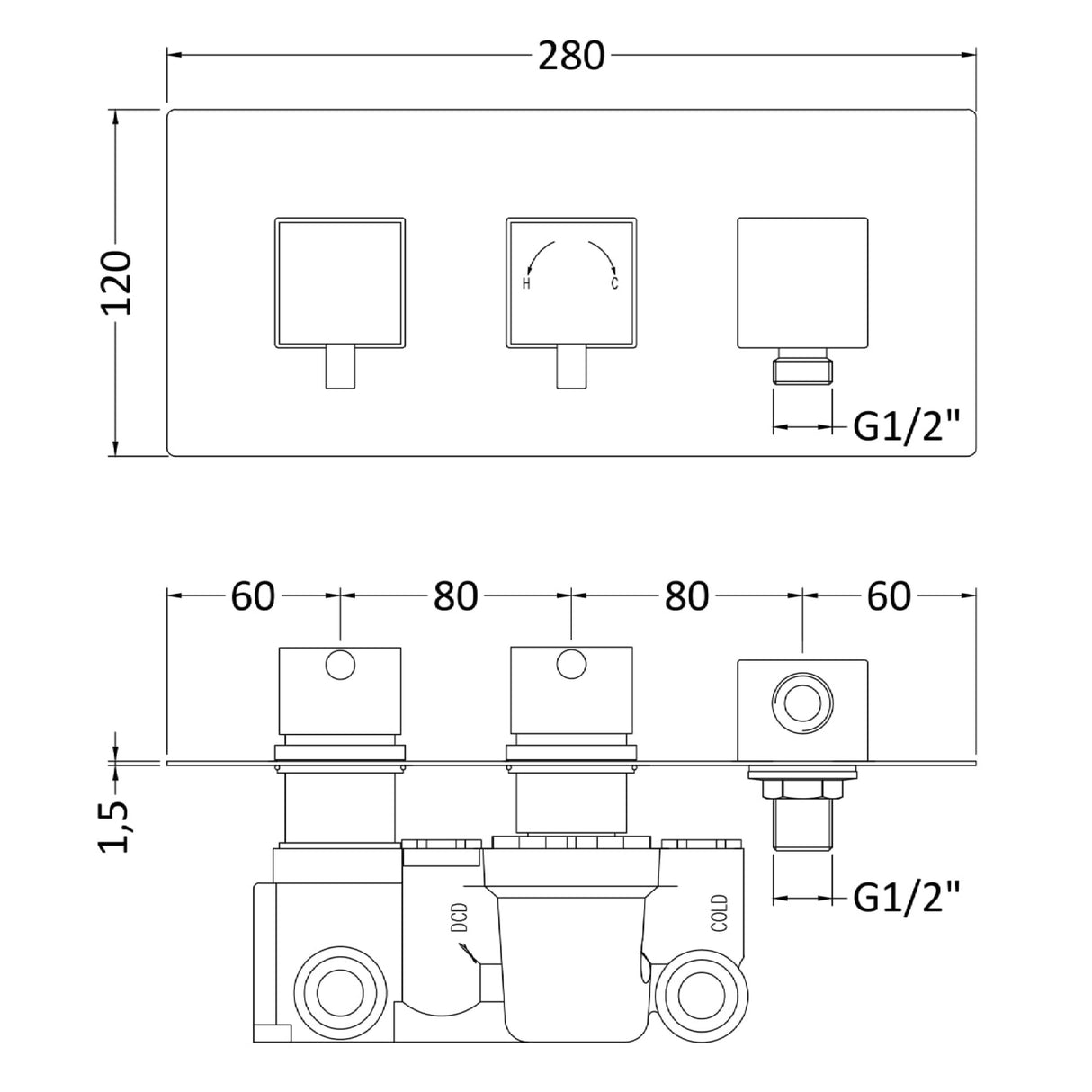 Nuie Square 2 Outlet Thermostatic Concealed Shower Valve With Diverter & Elbow Outlet Chrome A3077 LD