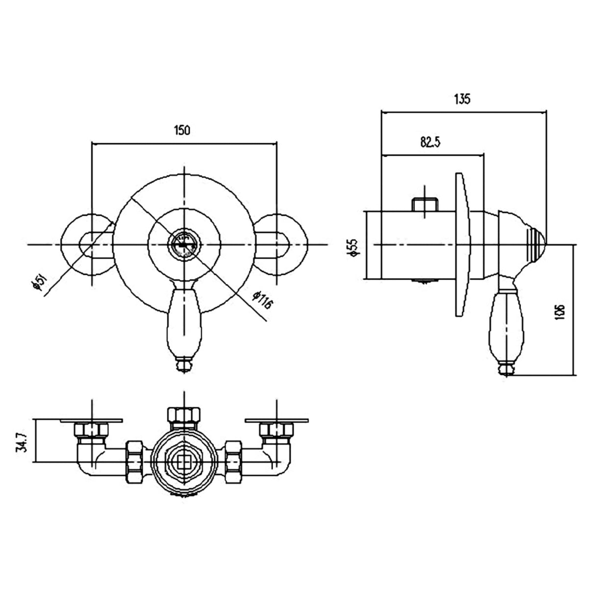 Nuie Edwardian Traditional Manual Exposed/Concealed Shower Valve Chrome A3201 LD