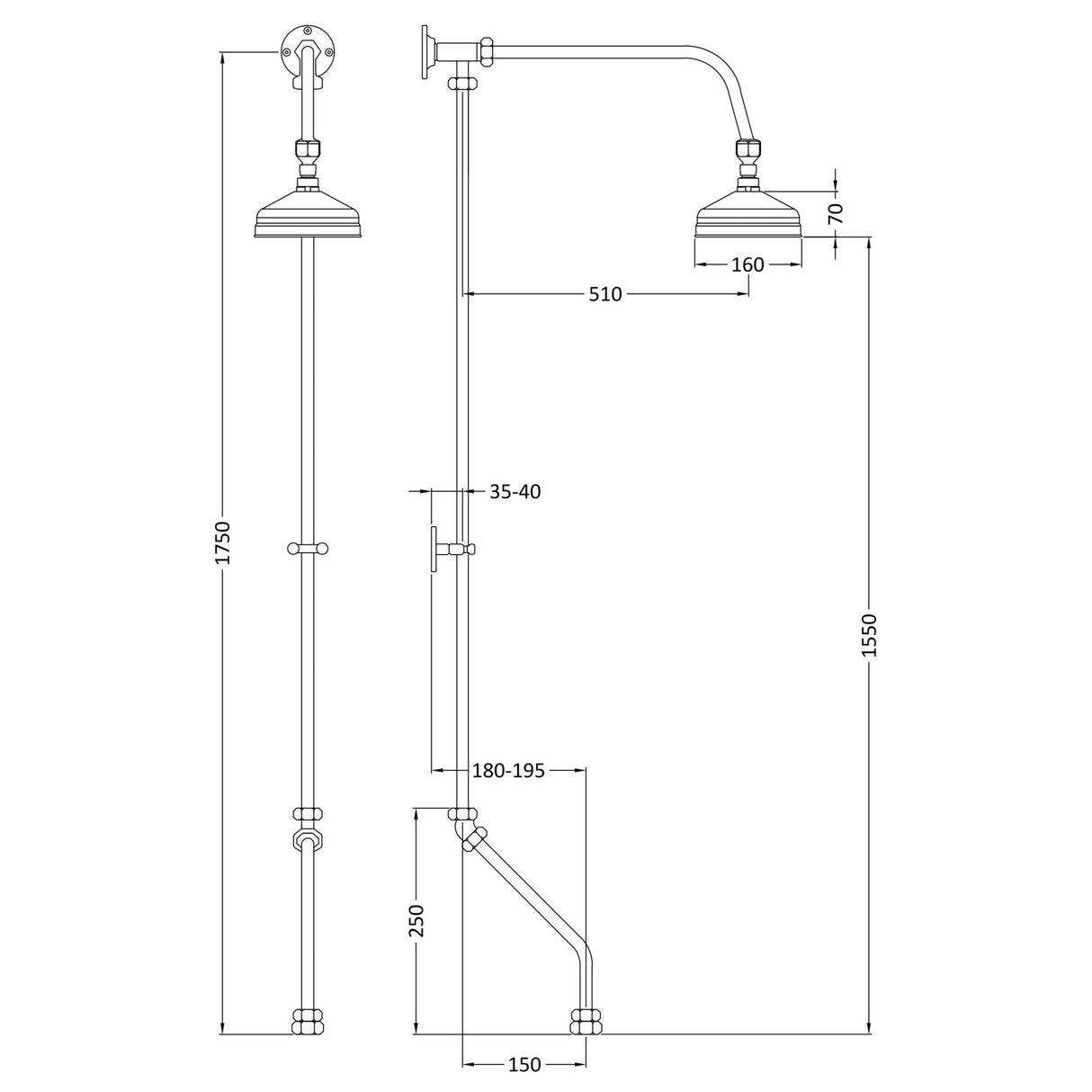 Nuie Traditional Rigid Riser Set For Bath Shower Mixer Chrome AK305 LD