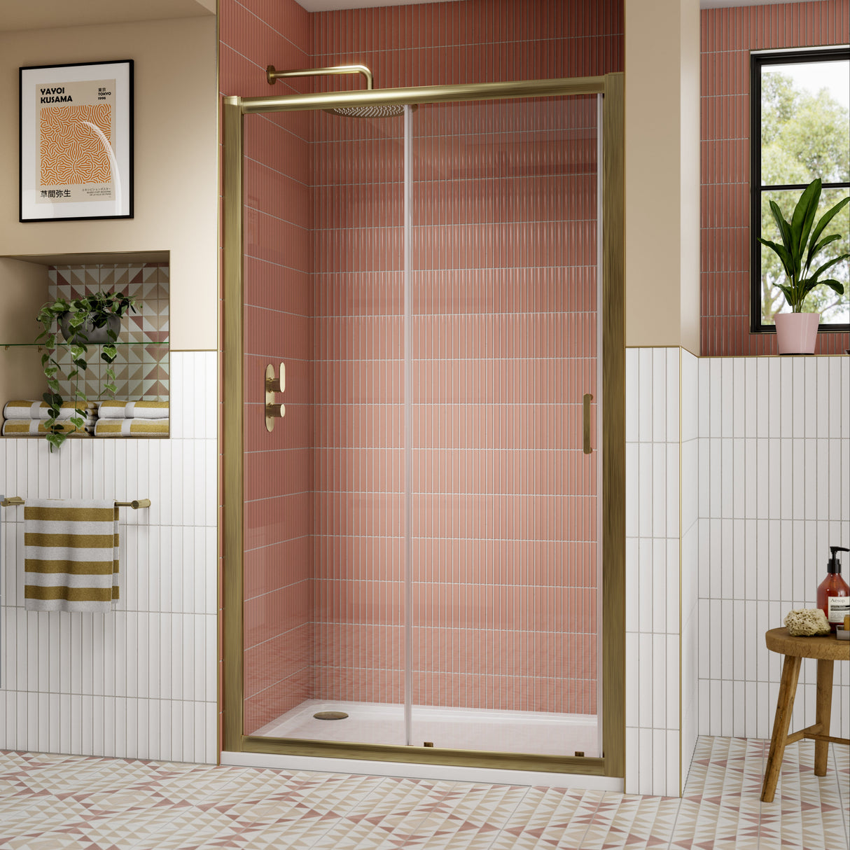 Nuie Lucie Sliding Shower Door Brushed Brass, 8mm Glass AQSL12NBB-E8 LS